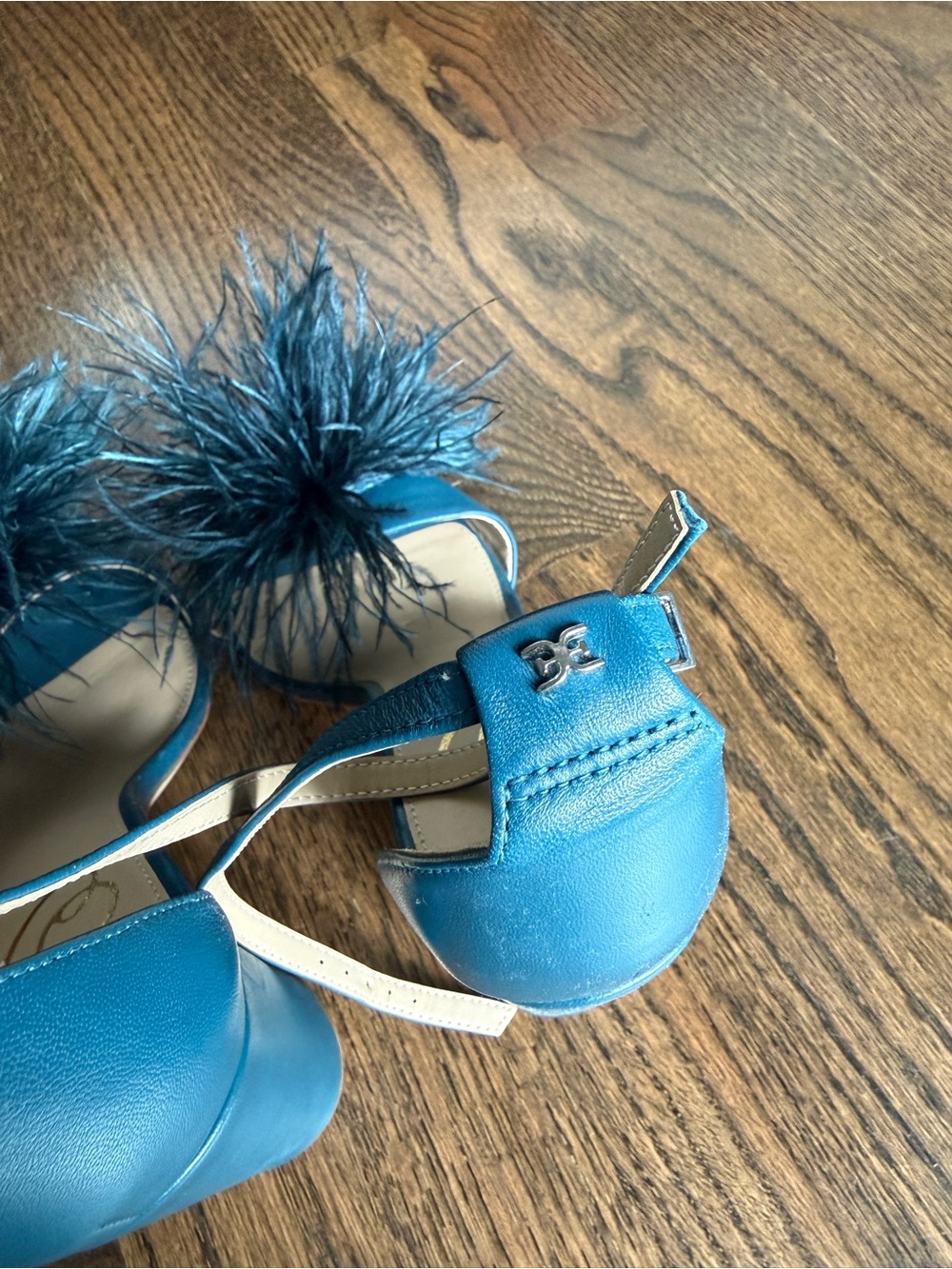Sam Edelman Teal Feather Trim Yaro Block Heels - Picture 4 of 6